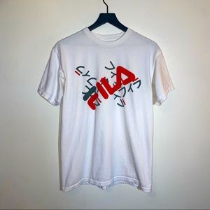 Fila White T-shirt with Red Logo and Black Japanese Characters And Lettering - M